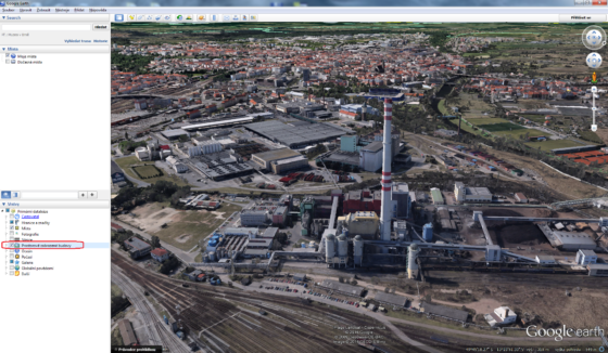 Ukázka zobrazení 3D budov v aplikaci Google Earth na příkladu Plzeňské teplárenské a okolí